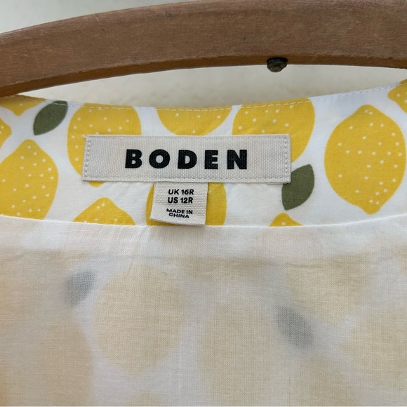 Boden May Cotton Midi Tea Dress Yellow Lemon Print Size 12R Vneck Cap Sleeve - Picture 7 of 13